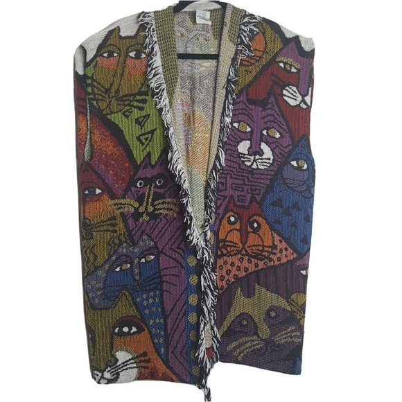 Vintage Nita Originals Cat Print Maxi Vest Sweater Bohemian Hippie Art LG- XLg - Picture 1 of 9